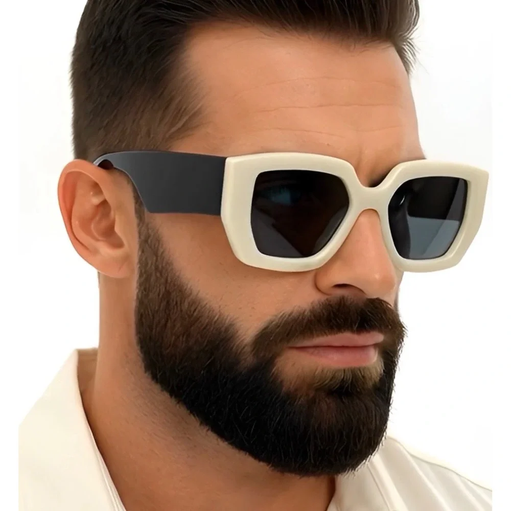 Square Sunglasses Cream Black Frame Oversized‎ Fashion Mens Shades Lentes Gafas